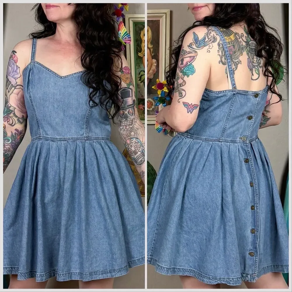 Vintage 1990s Denim Sweetheart Button Back Mini Skater Dress - Picture 4 of 7